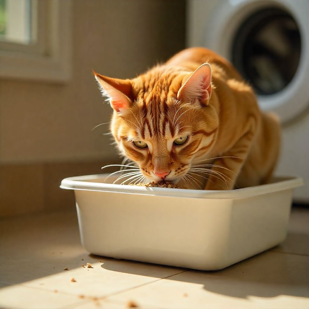 cat eating litter